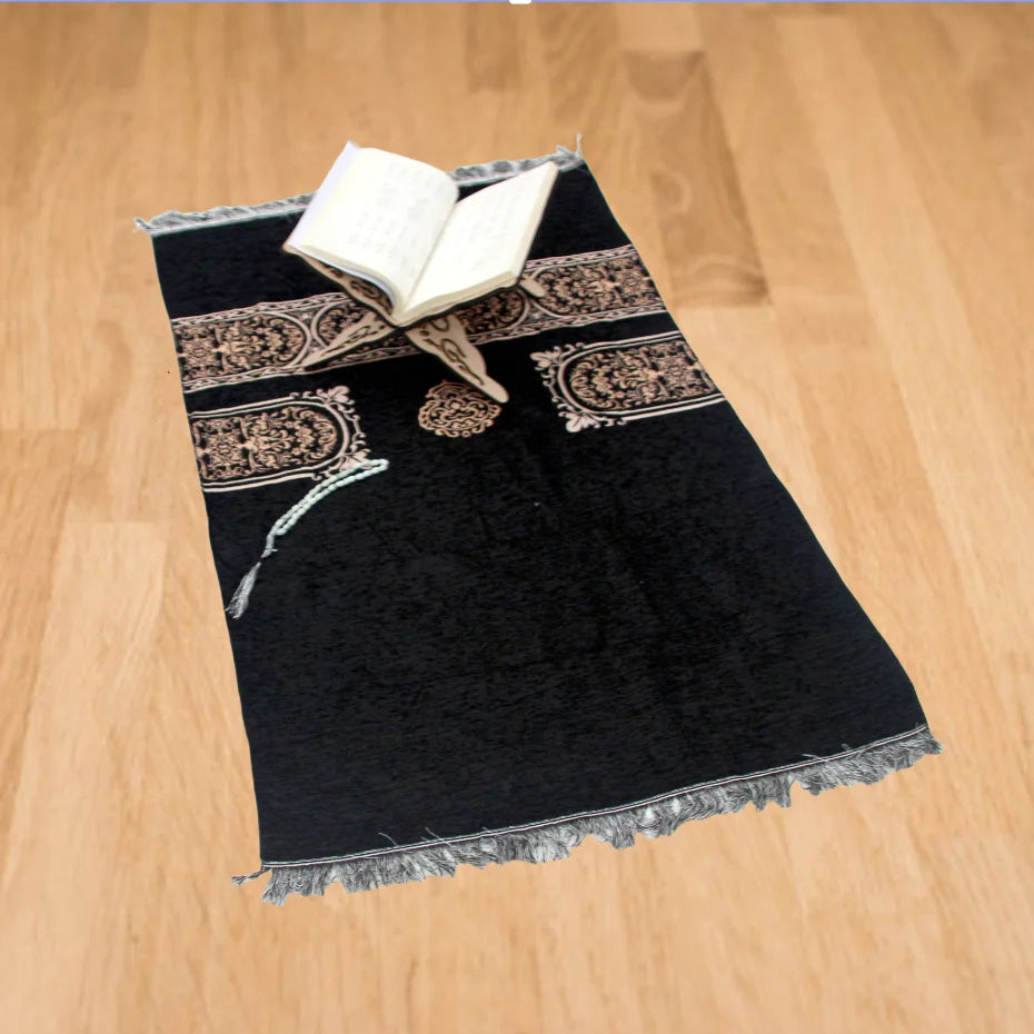 "SPECIAL RAMADAN" Muslim Prayer Rug and Prayer Beads with Gift Box; Muslim Prayer Rug and Prayer Beads with Elegant Design Cylinder Gift Box Soft Islamic Gifts Set Carpet Mat Black