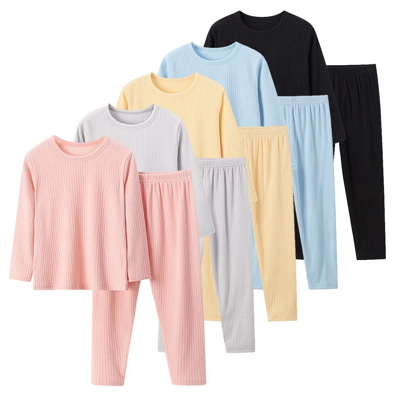 2-Piece Autumn/Winter Children's 5-color Pit Stripe Thermal Underwear Set Boys' Versatile Home Clothes Girls' Sweet Sleepwear