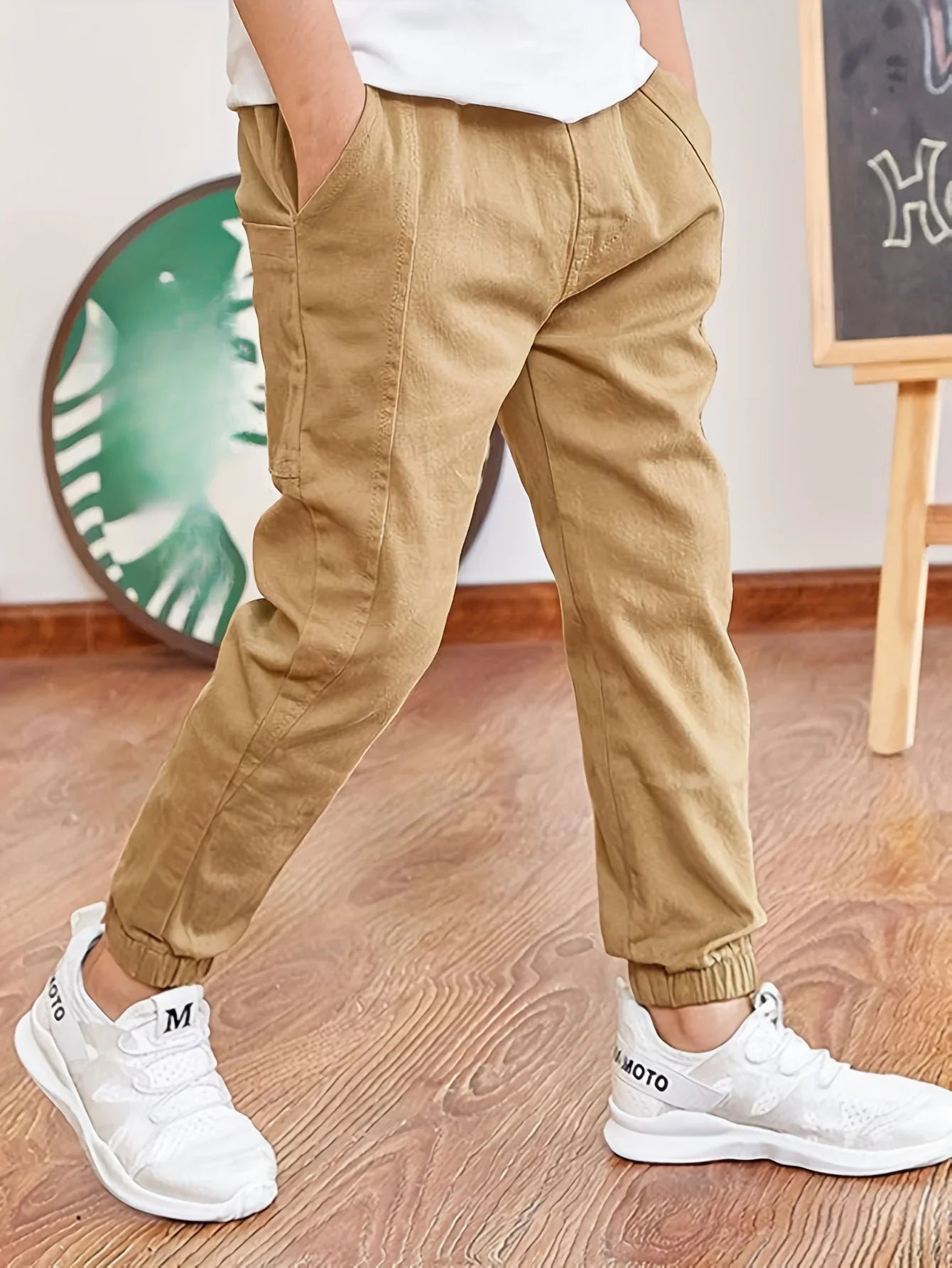 Boy's Stylish Solid Color Jogger Pants Elastic Waist Outdoor Casual Cargo Jogger Trousers
