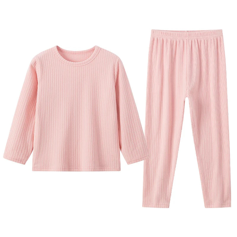 2-Piece Autumn/Winter Children's 5-color Pit Stripe Thermal Underwear Set Boys' Versatile Home Clothes Girls' Sweet Sleepwear