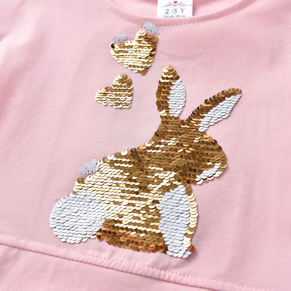 "VETEMENTS" T-shirts à manches courtes DXTON pour filles, motif lapin à paillettes, col rond, hauts et t-shirts décontractés pour enfants