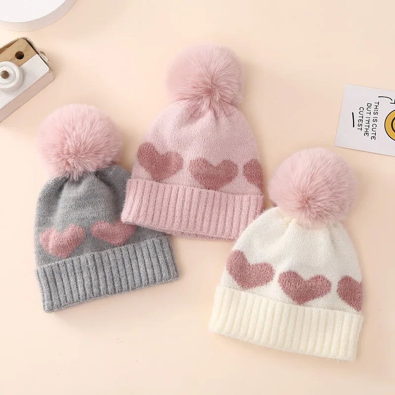 New Winter Baby Hat Double Layer Thickened Jacquard Love Heart Knitted Hat0-12Newborn Baby Knitted Hat