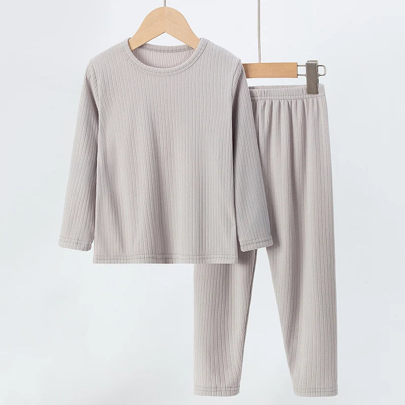 2-Piece Autumn/Winter Children's 5-color Pit Stripe Thermal Underwear Set Boys' Versatile Home Clothes Girls' Sweet Sleepwear