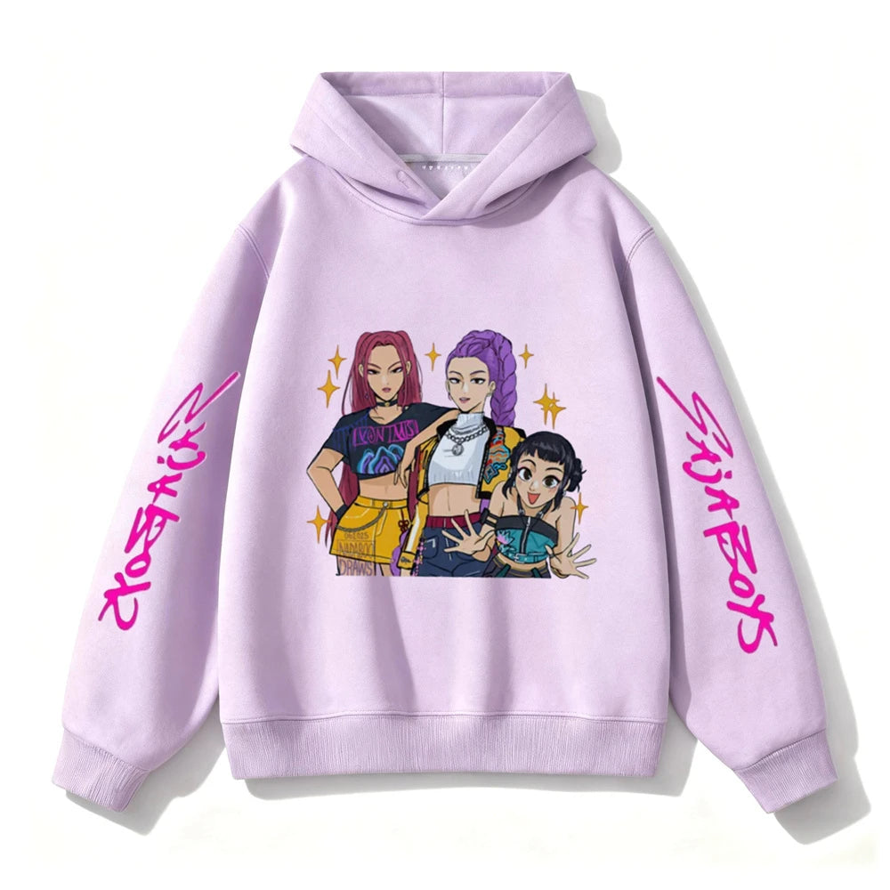 Purple Hooded Tops Fashion Casual Clothes Kids New Design Hoodies Kpop Demon Hunters Girls Group Clothing Toddler Autumn Wear