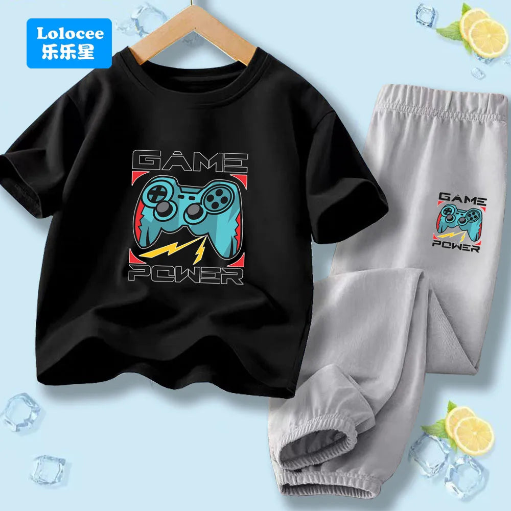 "VETEMENTS" Ensemble 2 pièces pour enfants style gamer "manette de jeu" : t-shirt à manches courtes et pantalon