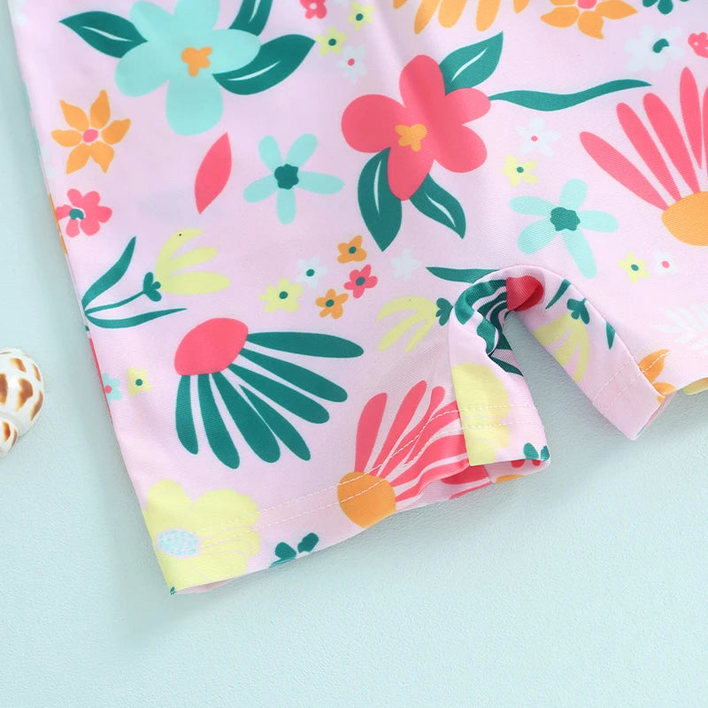 Toddler Infant Girls Rash Guard Swimsuit Rompers Zipper Short Sleeve Floral Print Kids Bathing Suit Baby Swimwear
