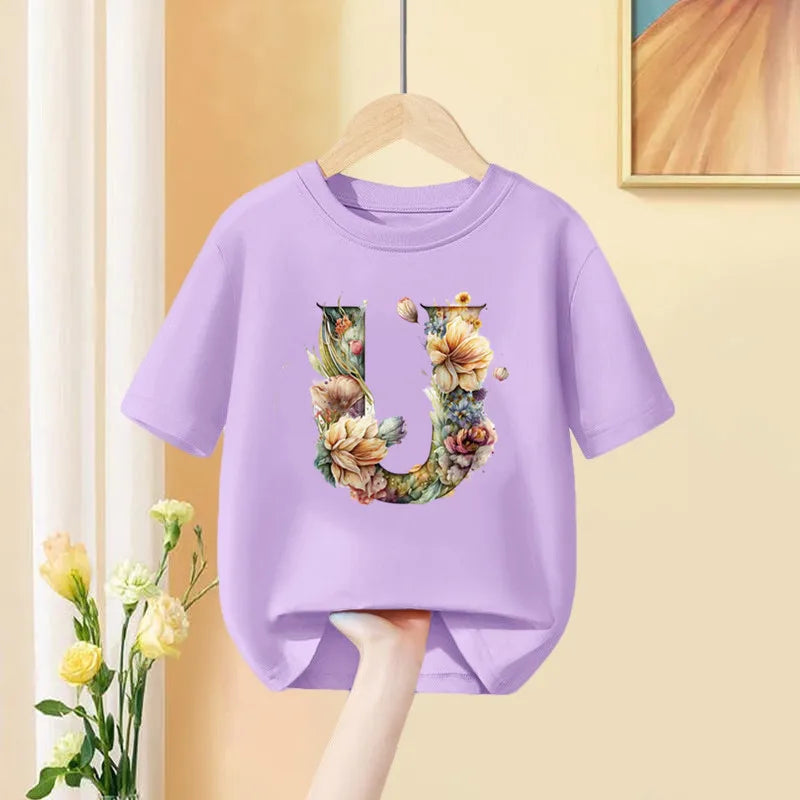 Girls T-Shirt 26 English Letter A B C D Children Fashion Flower T Shirt Kids  Custom Name Letter Summer Purple Clothes