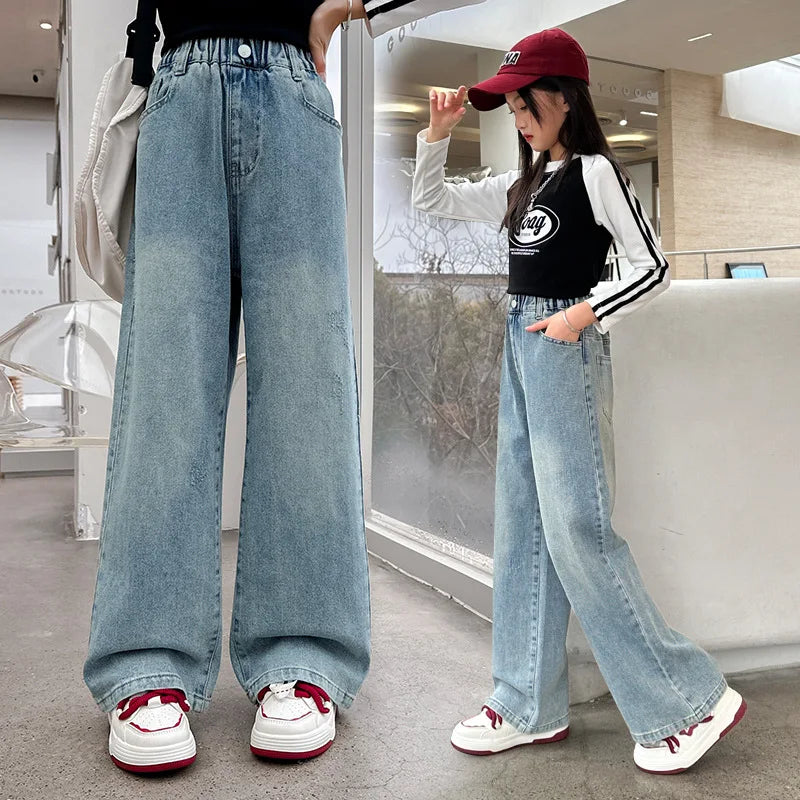 "VETEMENTS" Jean déchiré à motif cœur pour adolescentes, style streetwear tendance, pantalon en denim bleu à jambes larges, vêtements décontractés et à la mode