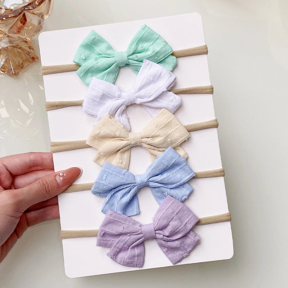 5Pcs/Set Cotton Linen Bows Headband for Girls Newborn Nylon Elastic Hair Bands Toddler Hairbands Headwear Baby Hair Accessories