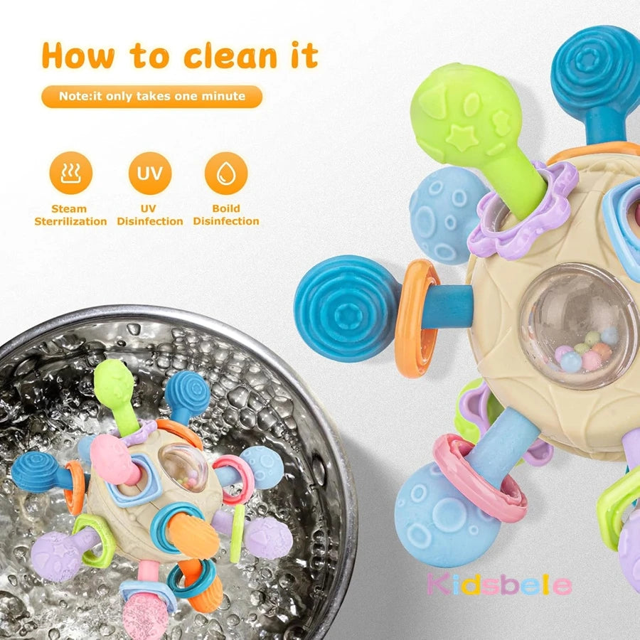 Newborn Infant Shake Grab Spin Multi Sensory Ball Toy 3 in 1 Soft Silicone Chew & Grab Toy for Babies 0-12 Months Christmas Gift