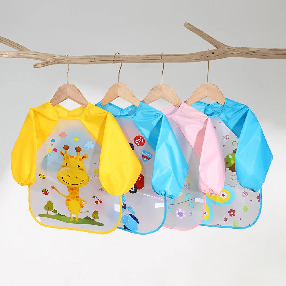 "ACCESSORY" Waterproof EVA baby bib for ages 0-3 years, with straps and long sleeves, 0-3 Years Baby EVA Waterproof Anti-dirty Bib Long Sleeve Strap Coat Dirt Proof Soft Feeding Bib Cute Cartoon Pattern Burp C