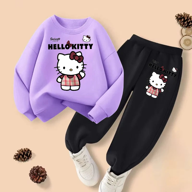 Sanrio Spring Girls Hello Kitty Printed Hoodies Sets Children's Breathable Sport Pullover and Pant Two Piece Suit Kids Sweatsuit