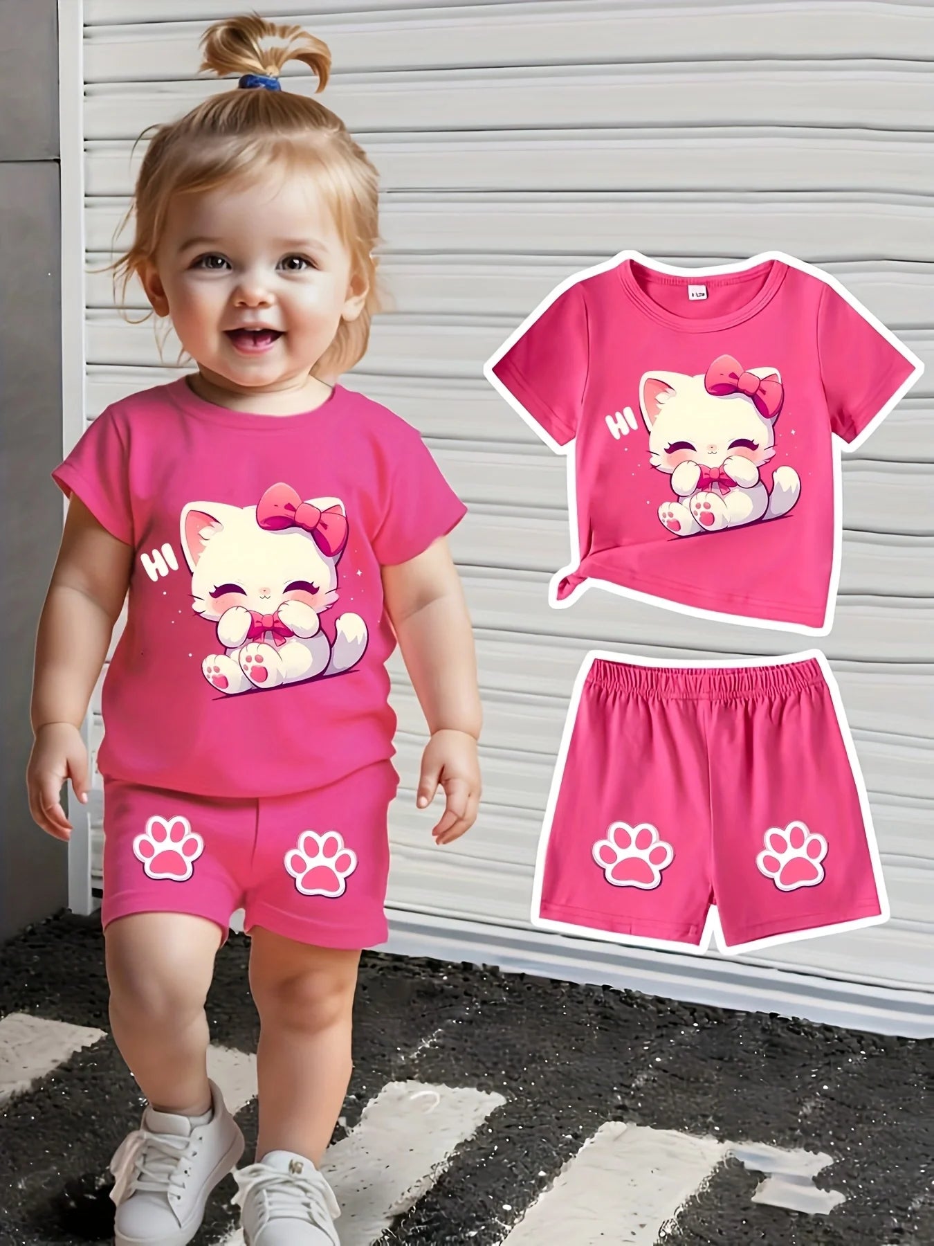 Baby girl cute cat pattern short sleeved top+casual shorts set suitable for outdoor sports