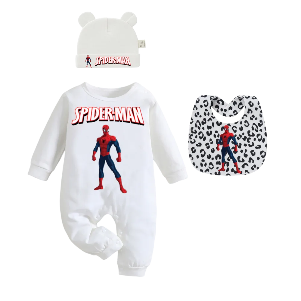 "COMBINAISON" 3 articles: Body imprimé pour bébé, bonnets et bavoirs, pour garçon et fille