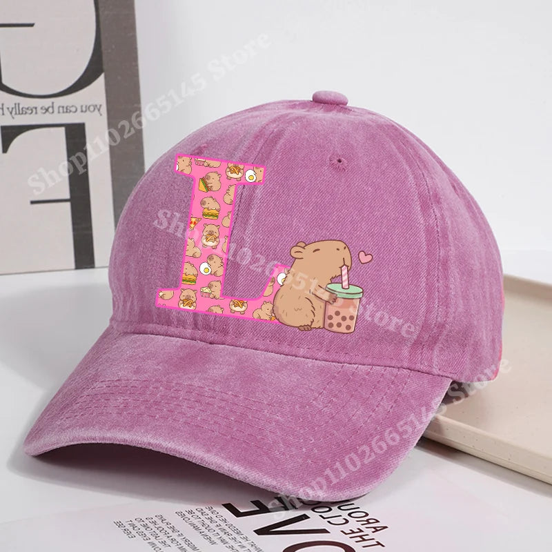 Capibara Baseball Cap for Women New Cute Capybara Letter A-Z Sun Hat Outdoor Sport Travel Sunbonnet Adult Fashion Headgear Gift