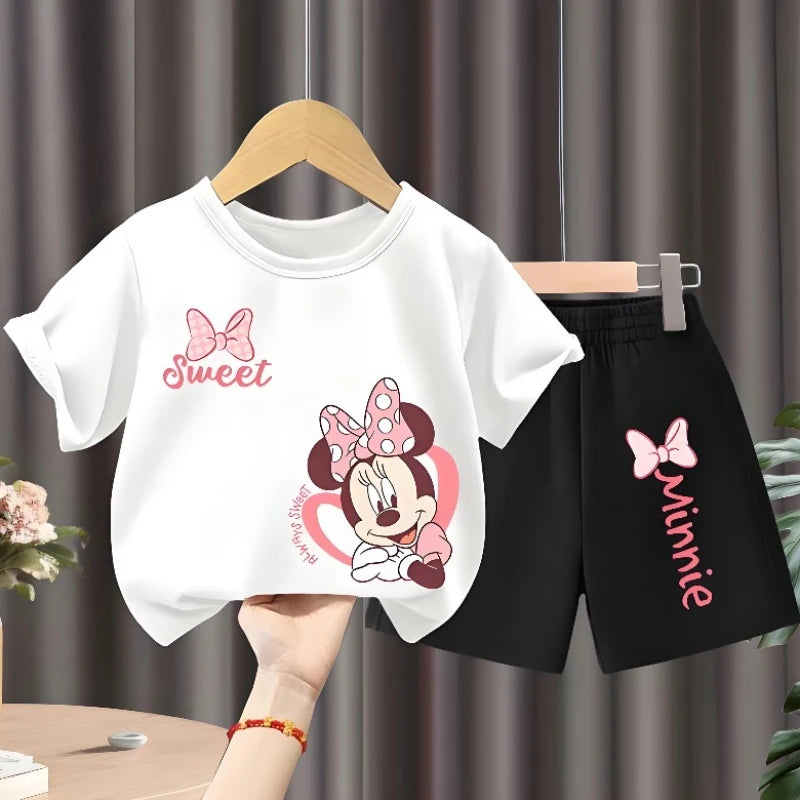 Children's T Shirt and Shorts Two Piece Set Girls O Neck Short Sleeve Top Suit Kids Casual Outfits Summer Breathable Shorts Sets