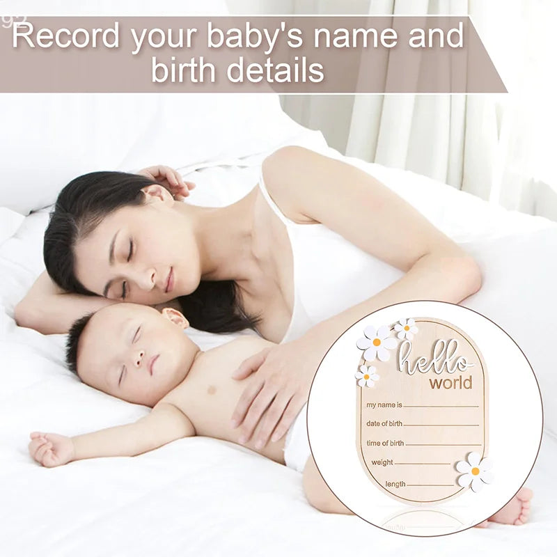 Baby Announcement Sign, 5.91x4.13 Inch Wooden Newborn Announcement Sign Hello World Newborn Sign