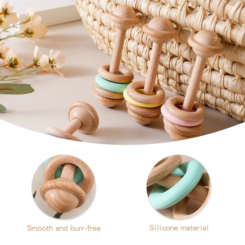 "JOUET" Jouet pour bébé hochet en bois anneaux de dentition en Silicone pour bébé 0 à 12 mois