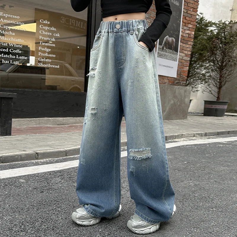 "VETEMENTS" Jean style usé pour filles, coupe ample, jambes larges, pour enfants de 5 à 14 ans