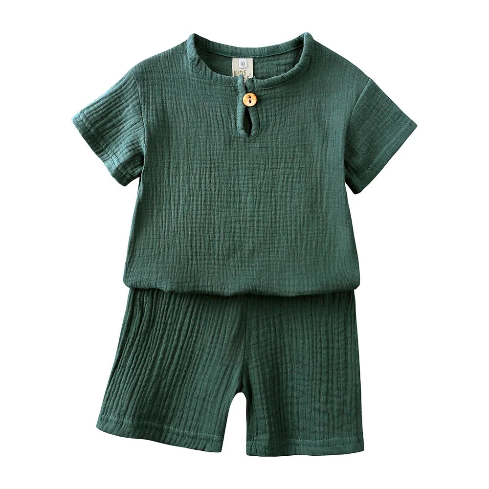 "VETEMENTS" Ensemble pour petits garçons et filles : T-shirt et short unis en coton et lin