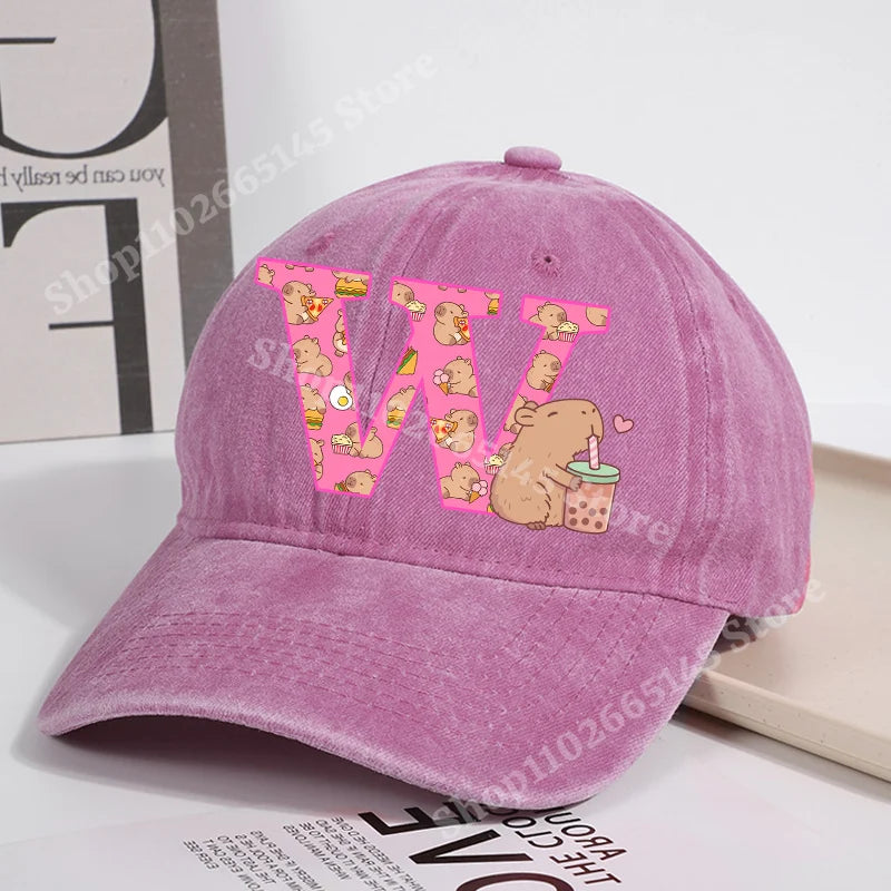 Capibara Baseball Cap for Women New Cute Capybara Letter A-Z Sun Hat Outdoor Sport Travel Sunbonnet Adult Fashion Headgear Gift