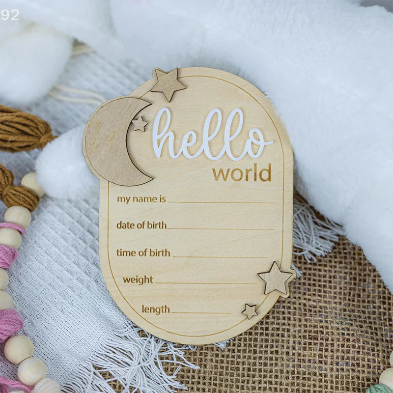 Baby Announcement Sign, 5.91x4.13 Inch Wooden Newborn Announcement Sign Hello World Newborn Sign