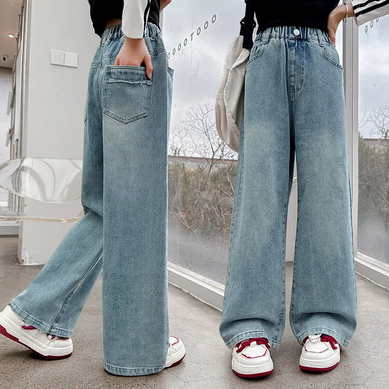 "VETEMENTS" Jean déchiré à motif cœur pour adolescentes, style streetwear tendance, pantalon en denim bleu à jambes larges, vêtements décontractés et à la mode