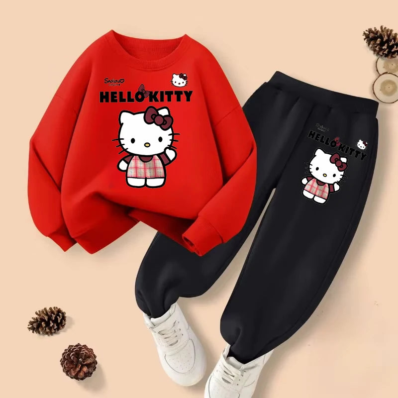Sanrio Spring Girls Hello Kitty Printed Hoodies Sets Children's Breathable Sport Pullover and Pant Two Piece Suit Kids Sweatsuit