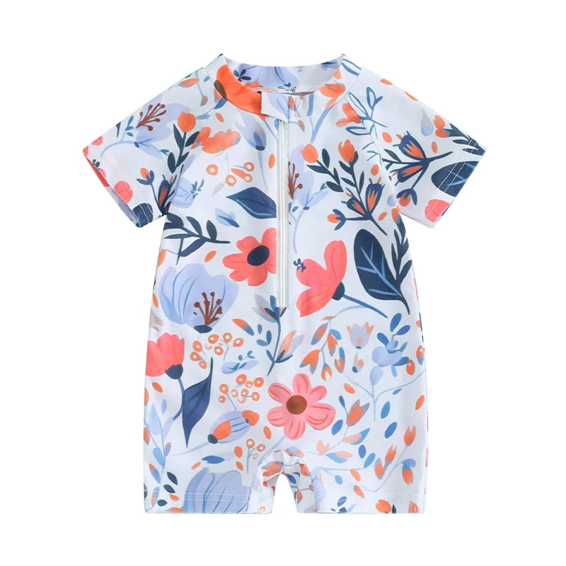 Toddler Infant Girls Rash Guard Swimsuit Rompers Zipper Short Sleeve Floral Print Kids Bathing Suit Baby Swimwear