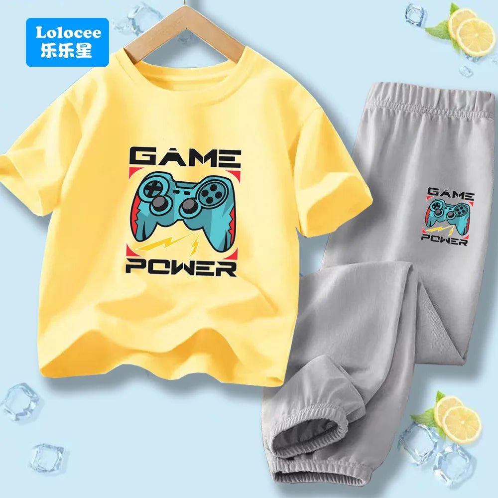 "VETEMENTS" Ensemble 2 pièces pour enfants style gamer "manette de jeu" : t-shirt à manches courtes et pantalon