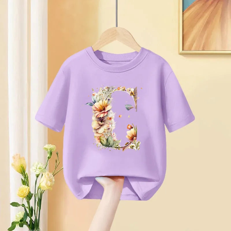Girls T-Shirt 26 English Letter A B C D Children Fashion Flower T Shirt Kids  Custom Name Letter Summer Purple Clothes
