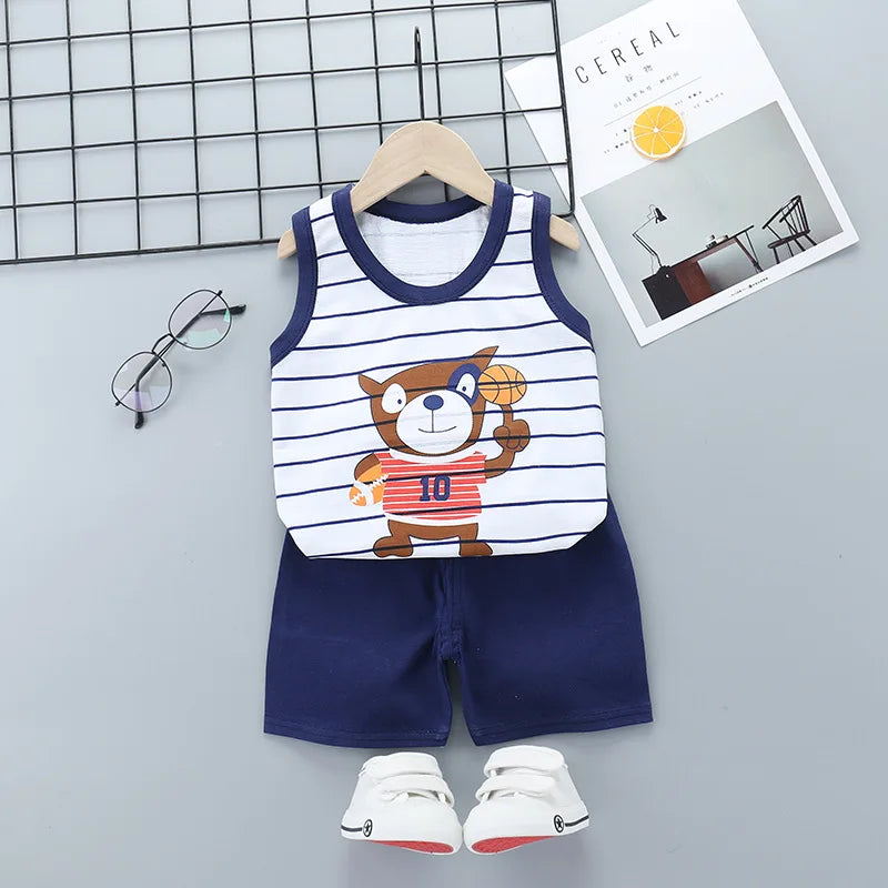 Summer Cute Cartoon 2PCS Kids Baby Boys Girls Cartoon Vest Top Shorts Pants Set Clothes Children Pajamas Girls Clothing Sets
