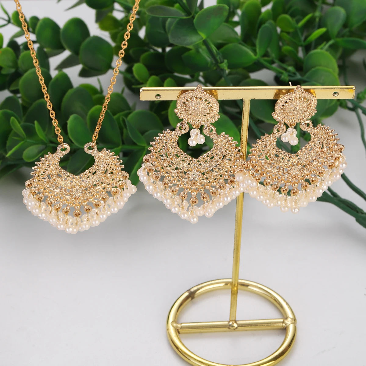 "BIJOUX" Parure de bijoux, style rétro, plaquée or, avec perles, boucles d'oreilles et collier