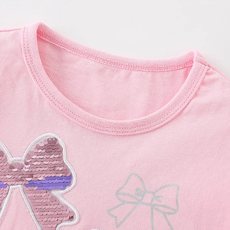 Jumping Meters 2-7T Hearts Beading Girls Tops Hot Selling Cotton Summer Girls Tshirts Baby Clothes Children's Tees Costume