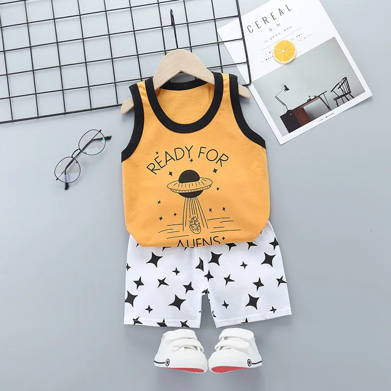 Summer Cute Cartoon 2PCS Kids Baby Boys Girls Cartoon Vest Top Shorts Pants Set Clothes Children Pajamas Girls Clothing Sets