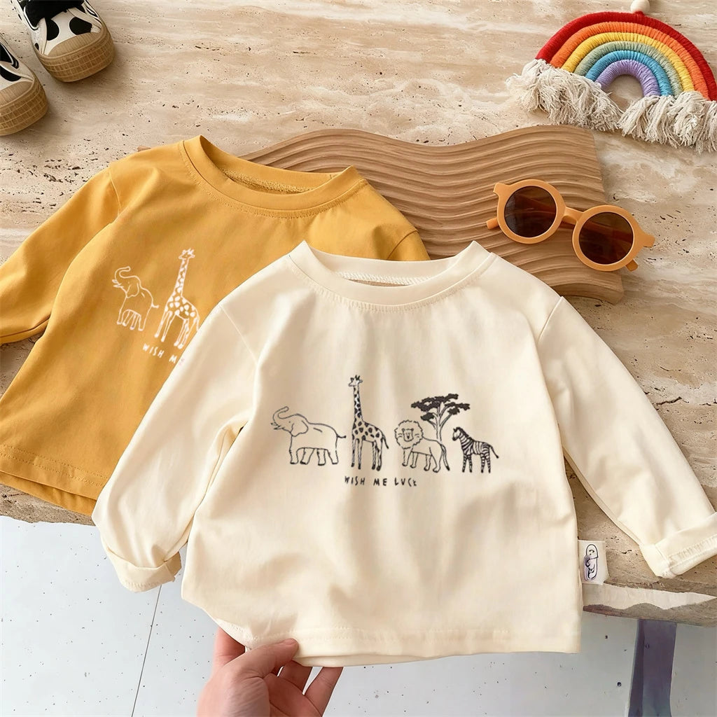 Simple Tees 2-7Age Kids Long-sleeved  T-shirts Loose Casual Clothes Cartoon Animals Printed Crewneck Base Shirt Pure Cotton Wear