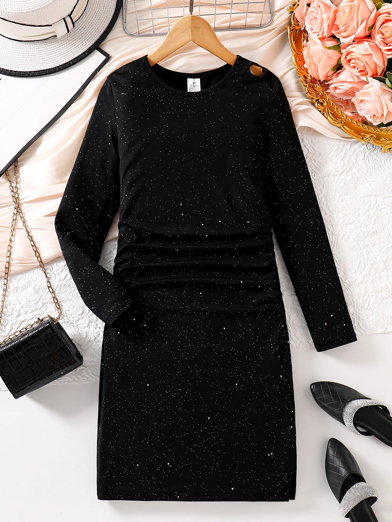Spring and Autumn Girls' High-End Fashionable Black French Velvet Dress with Elegant Inner Little Black Dress