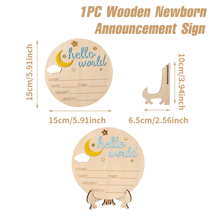 1pc Newborn Announcement Sign Hello World Newborn Welcome Sign New Baby Announcement Wooden Plaque Sign Newborn Welcome Card