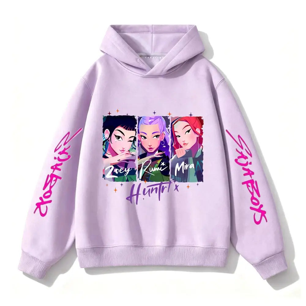 Purple Hooded Tops Fashion Casual Clothes Kids New Design Hoodies Kpop Demon Hunters Girls Group Clothing Toddler Autumn Wear