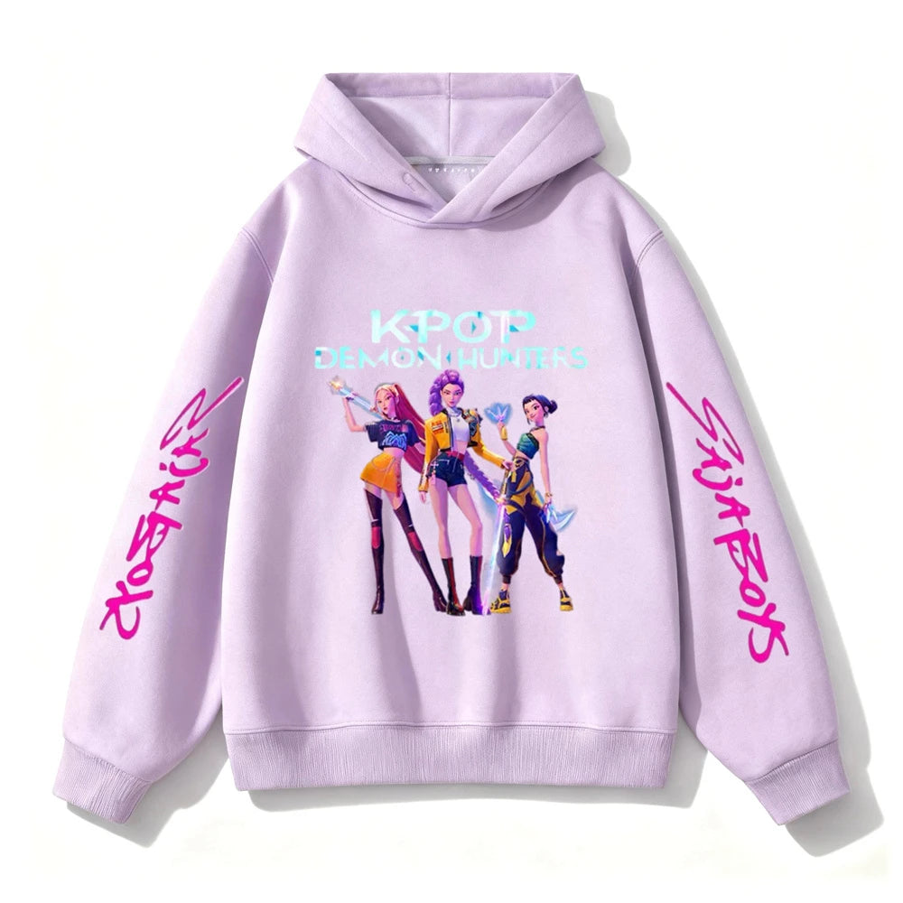 Purple Hooded Tops Fashion Casual Clothes Kids New Design Hoodies Kpop Demon Hunters Girls Group Clothing Toddler Autumn Wear