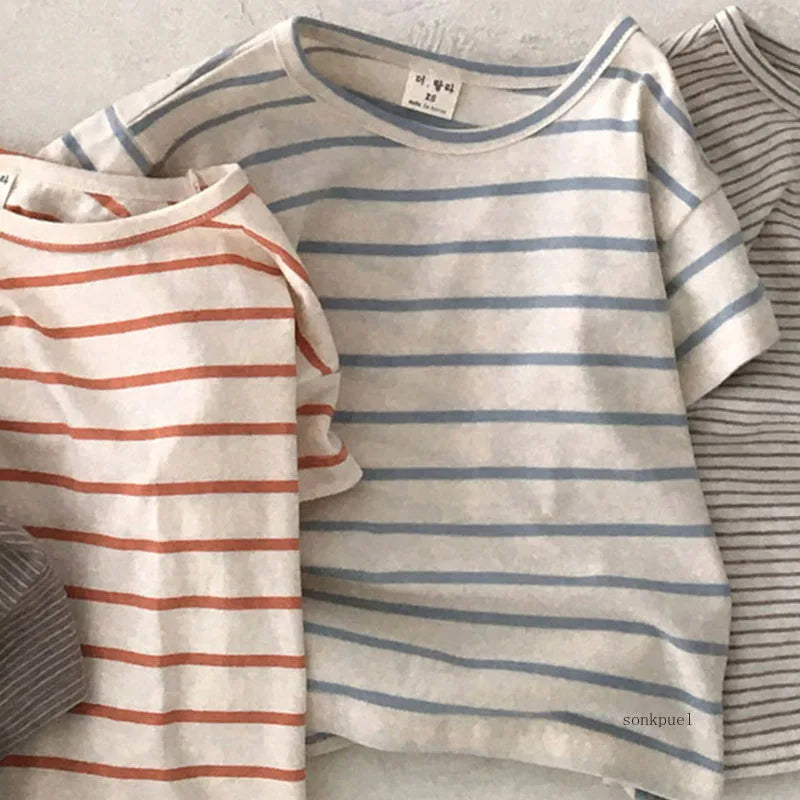 Children Girls Sports Shirt Cotton Tops Baby Boy Stripe Shirt Summer Casual Short Bat Sleeve Kids Shirt for Boys Clothing