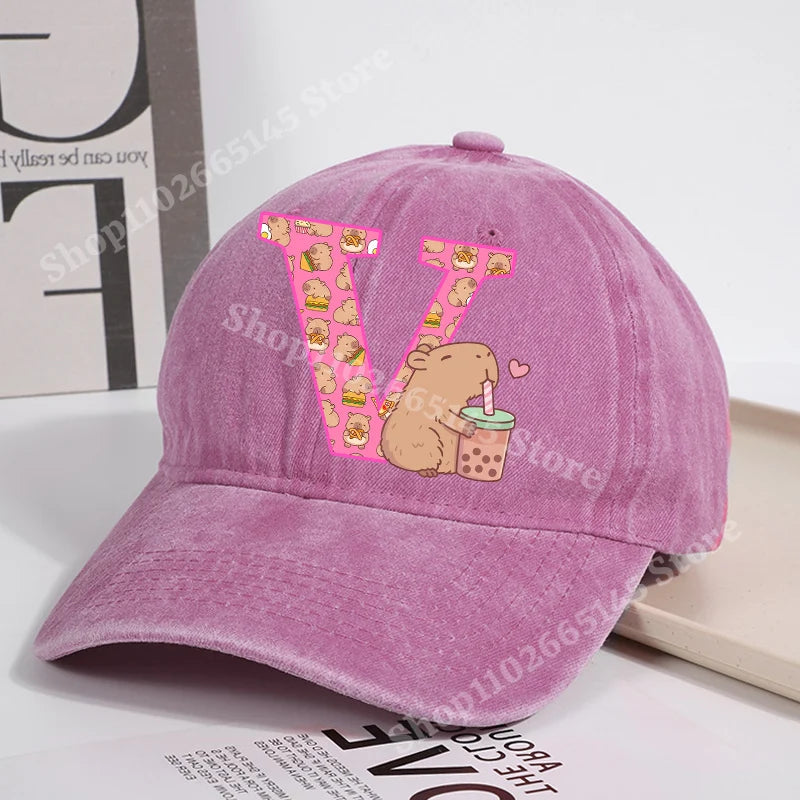 Capibara Baseball Cap for Women New Cute Capybara Letter A-Z Sun Hat Outdoor Sport Travel Sunbonnet Adult Fashion Headgear Gift