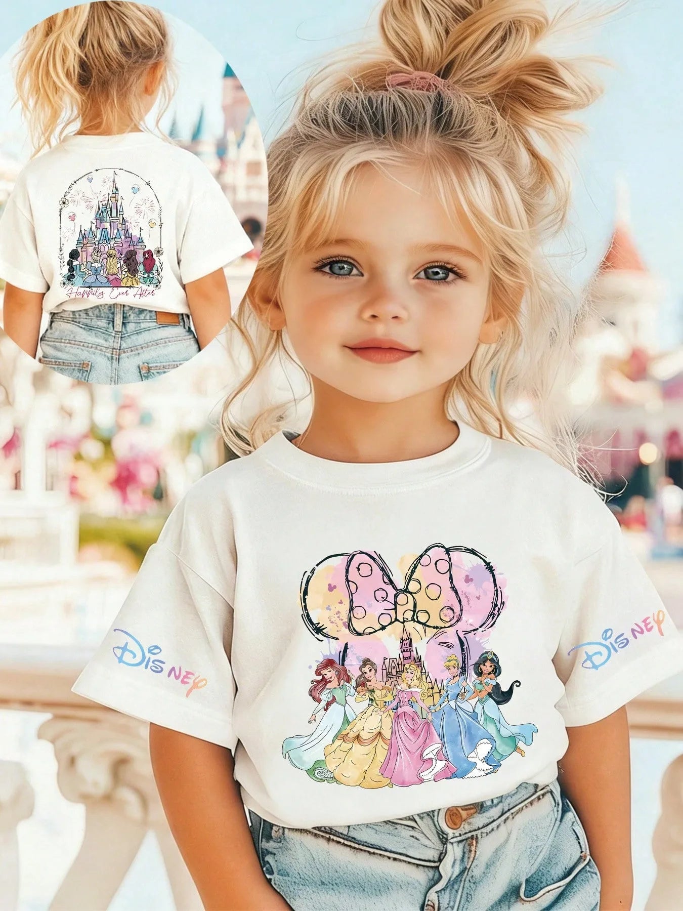 "VETEMENTS" T-shirt en coton à col rond et manches courtes pour filles, motif château de princesses