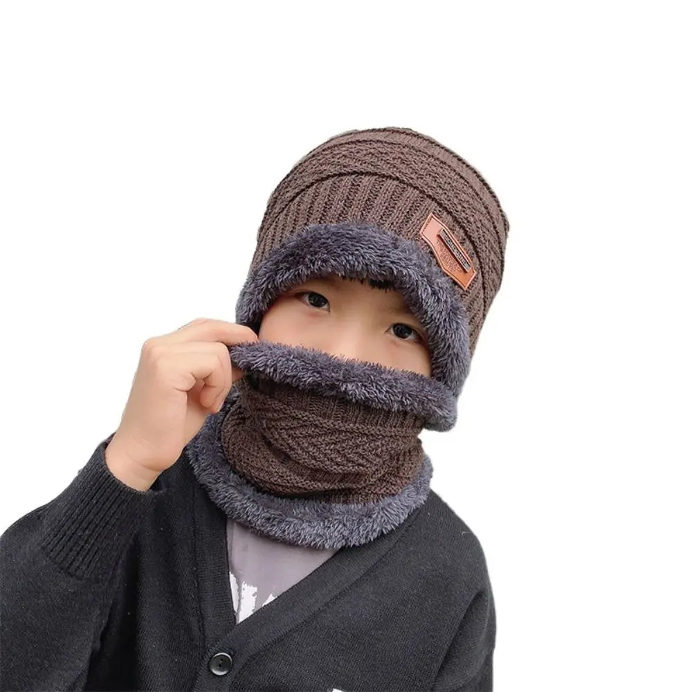Kids Beanie Warm Hat Scarf Set Neck Cover Winter Fleece Knitted Thick Ski Cap