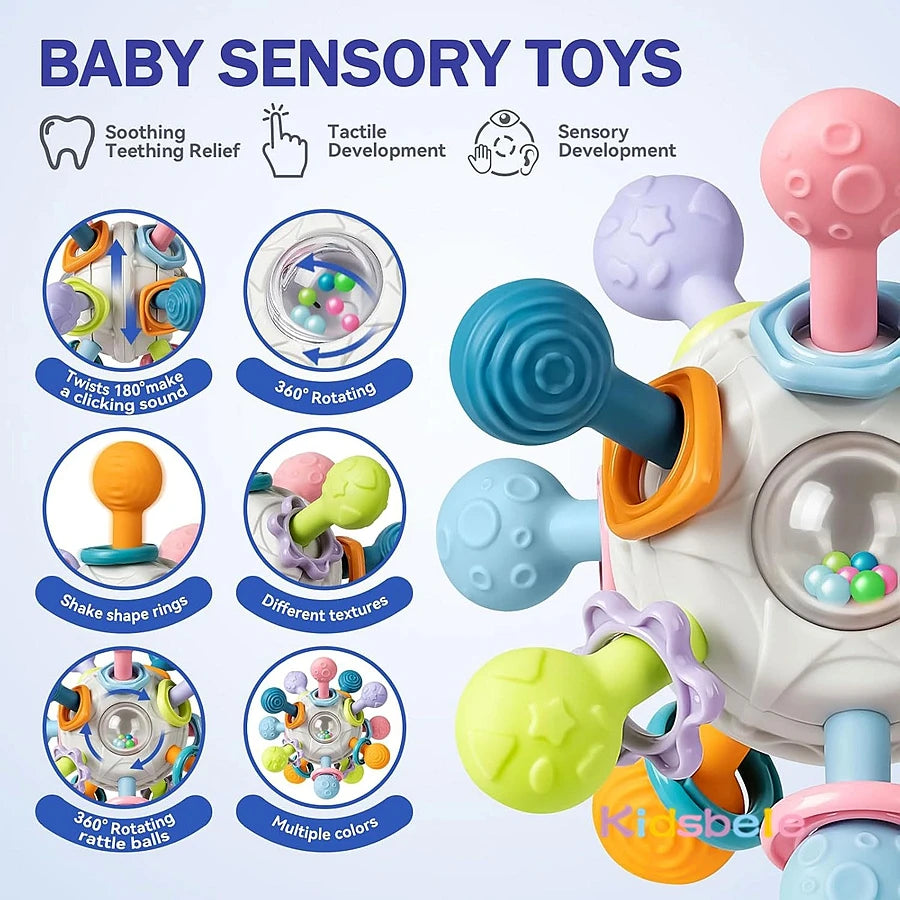 Newborn Infant Shake Grab Spin Multi Sensory Ball Toy 3 in 1 Soft Silicone Chew & Grab Toy for Babies 0-12 Months Christmas Gift