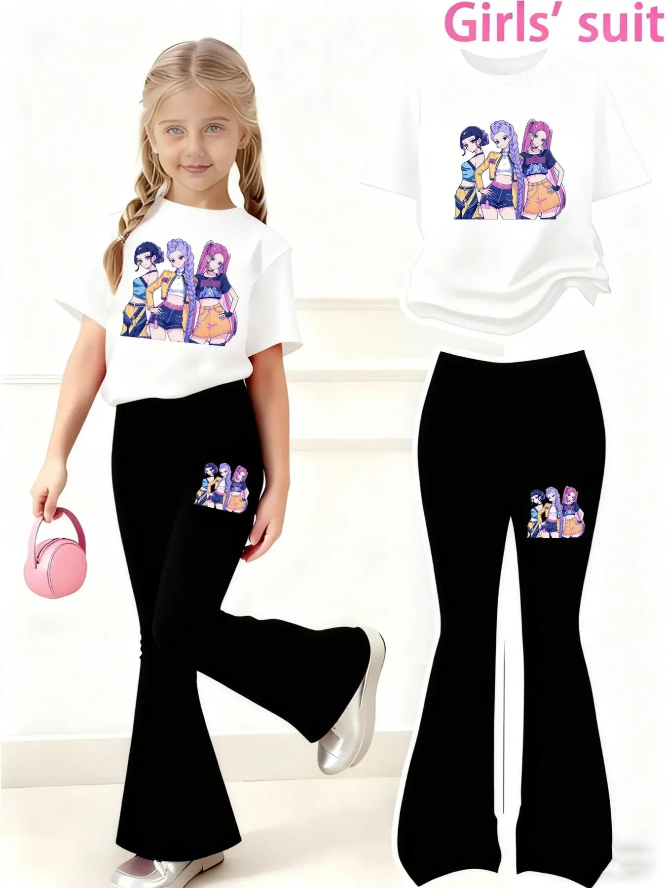 "VETEMENTS" Ensemble pour filles, T-shirt à manches courtes + Pantalon pattes d'éléphants 4 à 12 ans