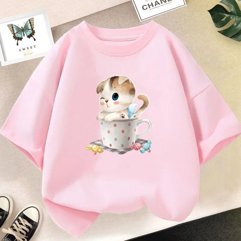 Kawaii Cat Print Lovely T-shirt Girl Animal  Fashion Print Tops Tee Gril Black White Clothes