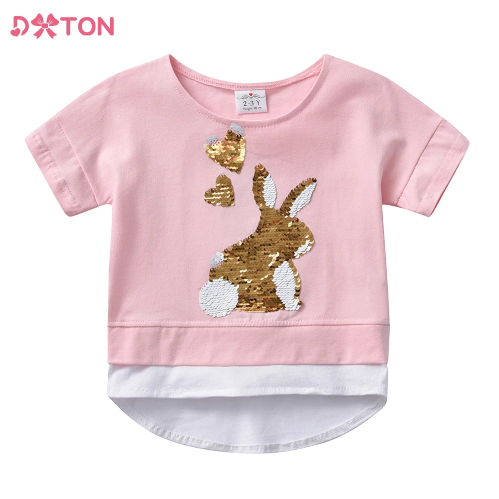 "VETEMENTS" T-shirts à manches courtes DXTON pour filles, motif lapin à paillettes, col rond, hauts et t-shirts décontractés pour enfants