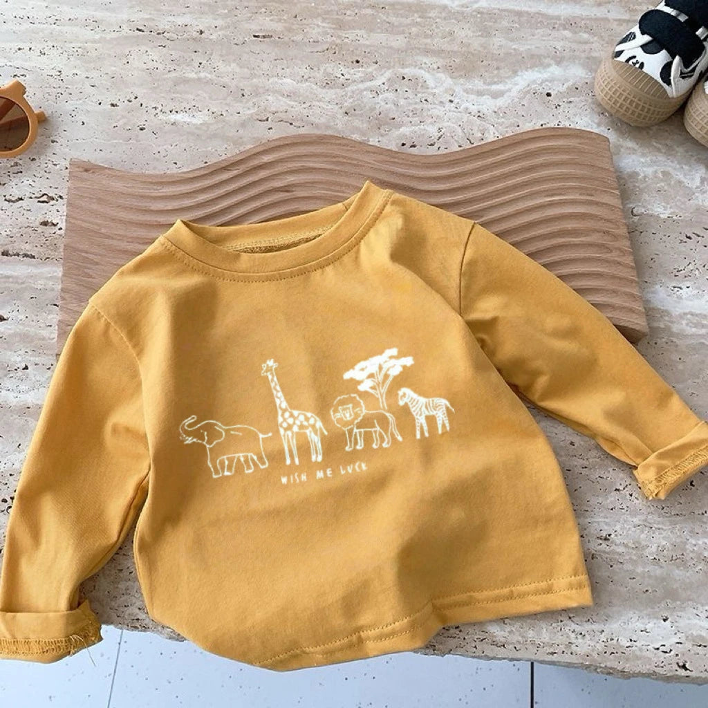 Simple Tees 2-7Age Kids Long-sleeved  T-shirts Loose Casual Clothes Cartoon Animals Printed Crewneck Base Shirt Pure Cotton Wear