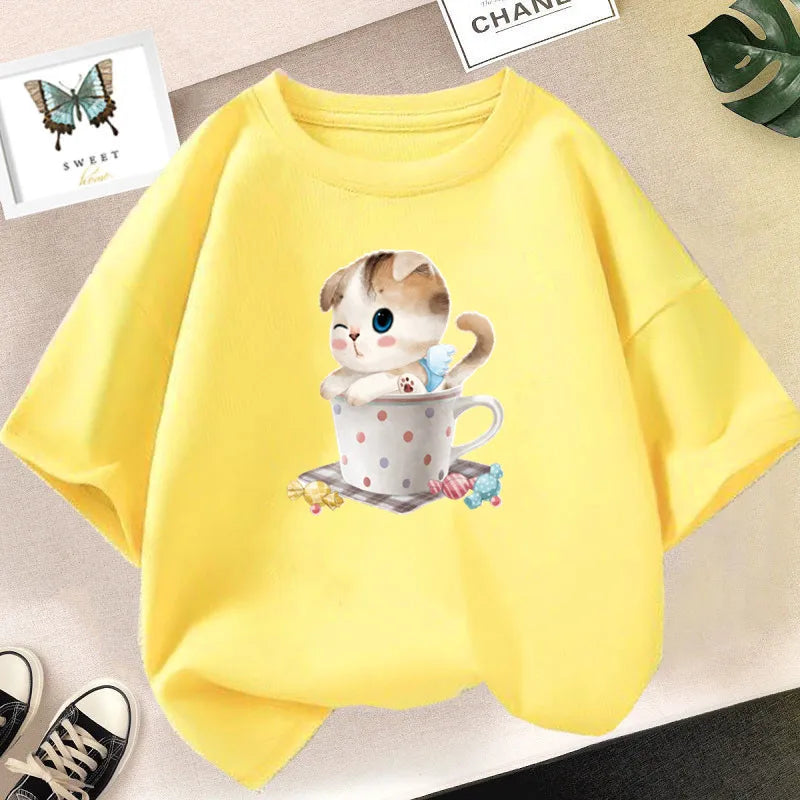 Kawaii Cat Print Lovely T-shirt Girl Animal  Fashion Print Tops Tee Gril Black White Clothes